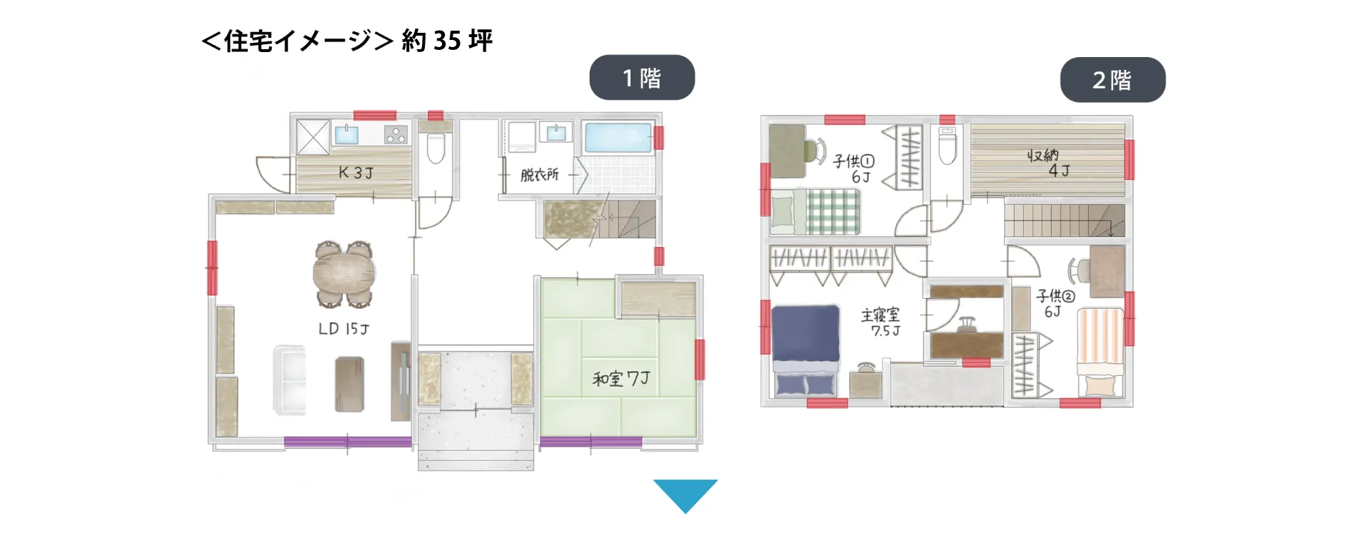 約35坪の住宅イメージ（1階・2階間取り）