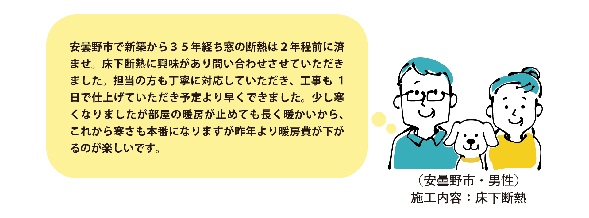 安曇野市・床下断熱施工のお客様の声。新築から35年、2年前の窓断熱に続き床下断熱を実施。担当者の丁寧な対応と予定より早い1日施工に満足。暖房を止めても部屋が長く暖かく、昨年より暖房費の削減を期待されています。