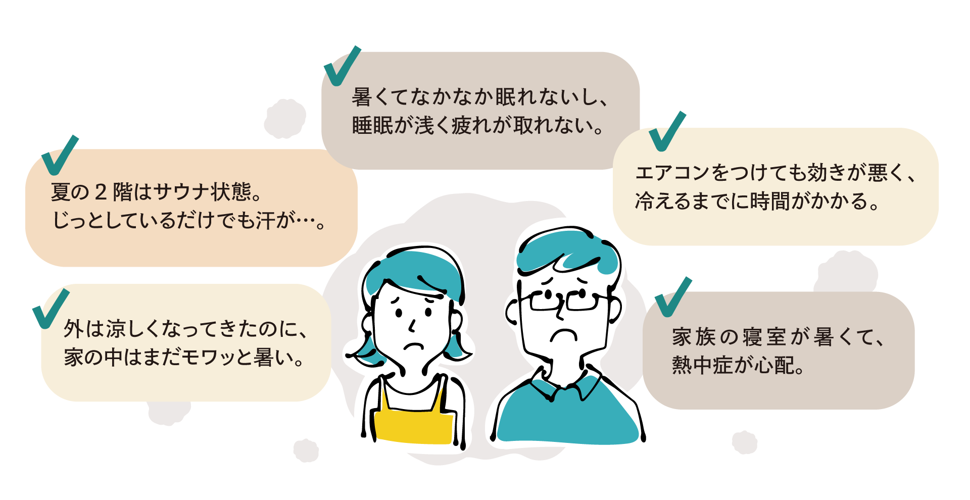 夏の暑さに悩む住宅オーナーの声5つ。2階がサウナ状態・暑くて眠れない・エアコンの効きが悪い・外が涼しくても家の中が暑い・家族の寝室の熱中症が心配。