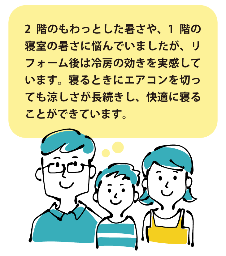 お客様の声:「2階のもわっとした暑さや1階寝室の暑さに悩んでいましたが、リフォーム後は冷房の効きを実感。寝るときにエアコンを切っても涼しさが長続きし快適に眠れています。」