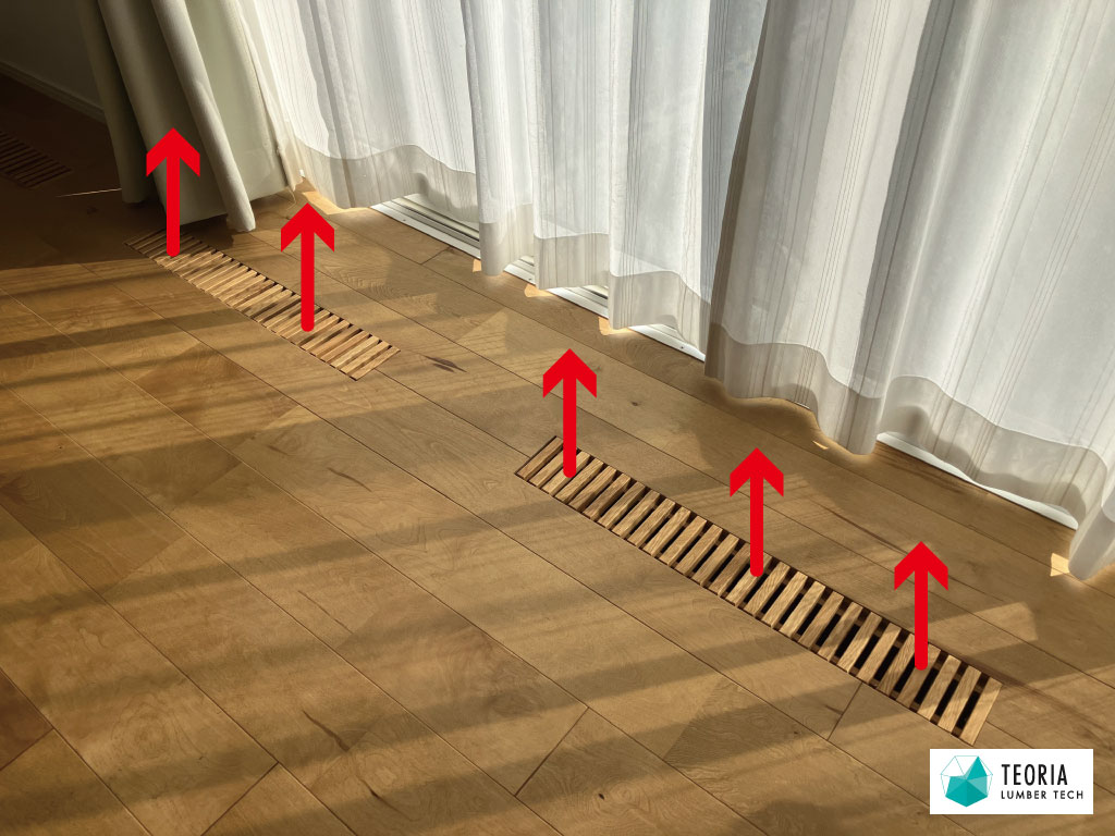 床のガラリから暖かい空気が上昇するイメージ