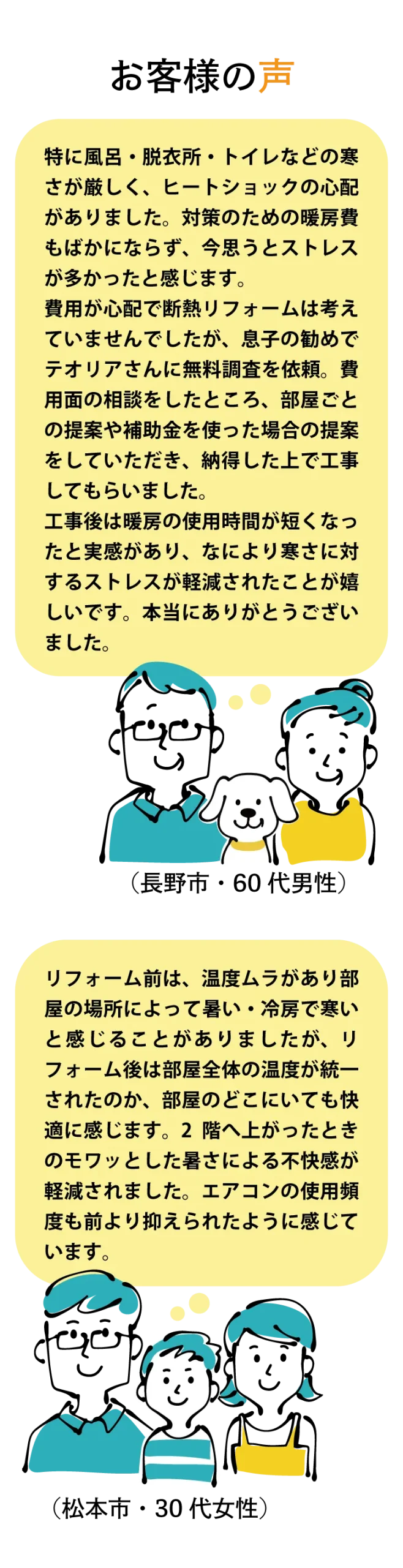 お客様の声（長野市60代男性「ヒートショックの心配や寒さによるストレスがあったが、断熱リフォームで改善した」、松本市30代女性「断熱リフォームで暖房費を抑えられた。窓の結露もなくなり快適になった」）