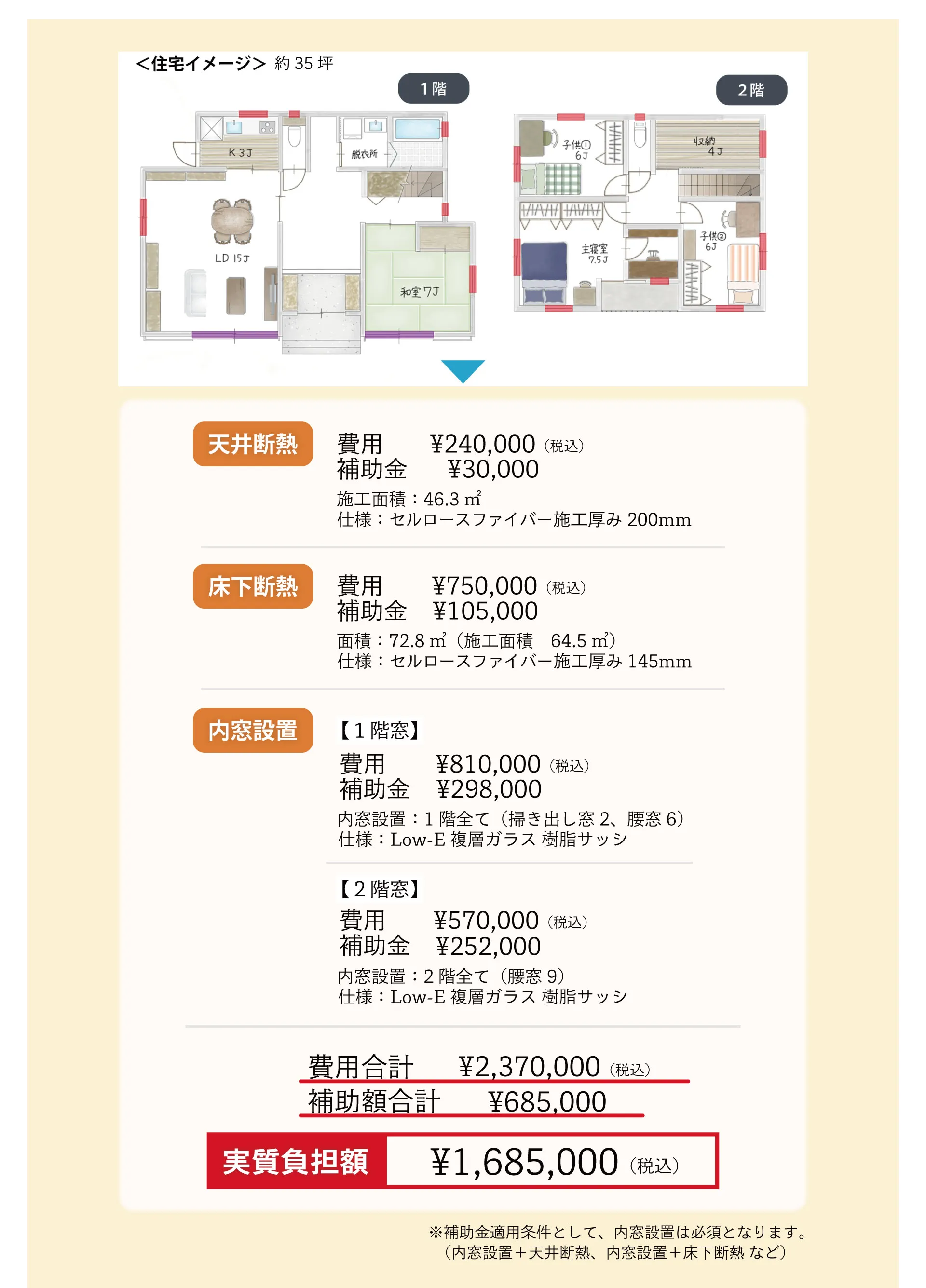35坪の家の断熱リフォーム補助金シミュレーション（窓・天井・床断熱）