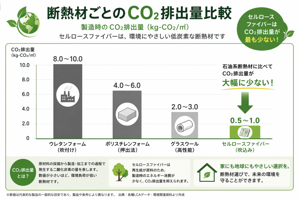 断熱材ごとのCO2排出量を比較したセルロースファイバーの環境性能図解