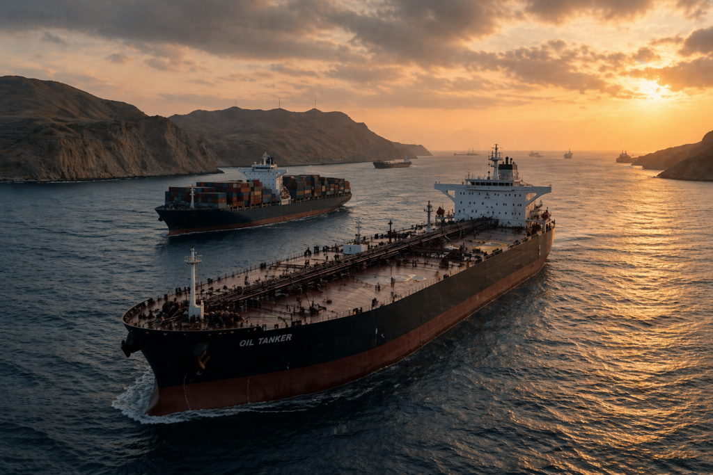 ホルムズ海峡の物流停滞により原油や建材価格へ影響が出るイメージ画像