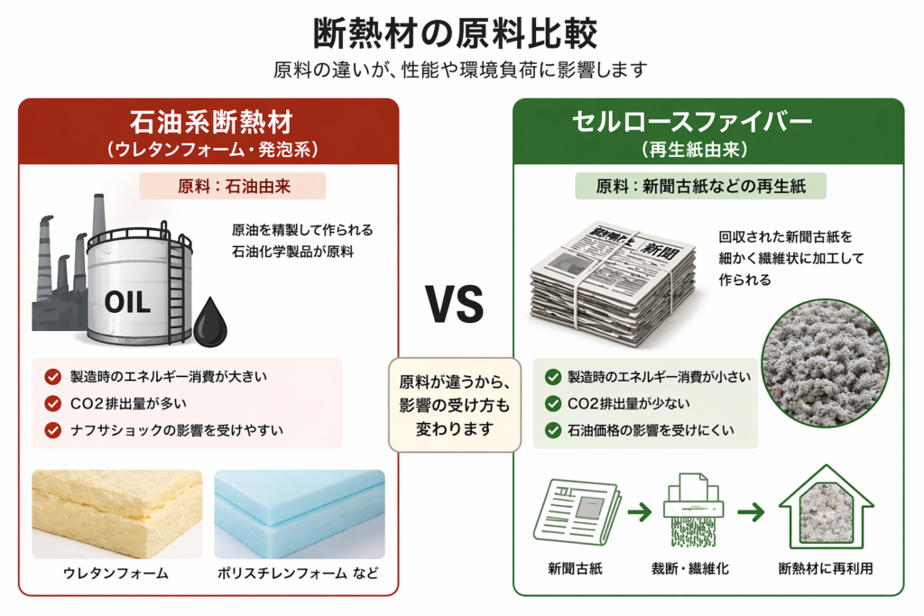 石油系断熱材とセルロースファイバー断熱材の違いを比較した図解